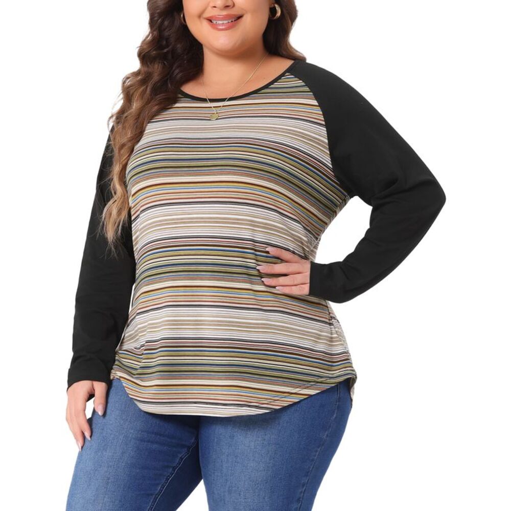 Plus Size Raglan Tee Print Long Sleeve Tunic T-Shirt Loose Blouses Green